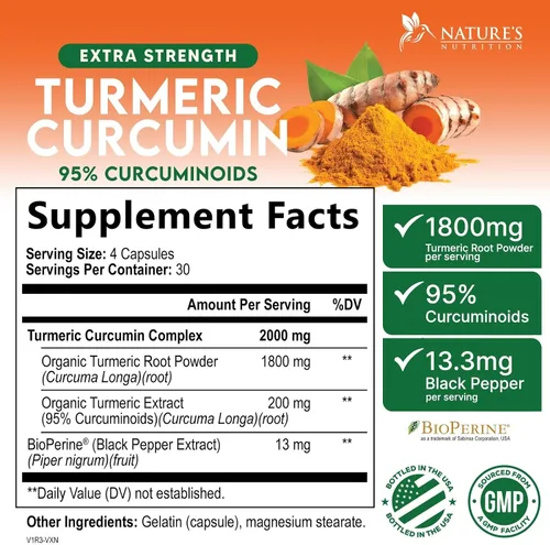 Vista 2 de Suplemento de curcumina de cúrcuma – 1800 mg de cúrcuma orgánica por porción – 95% de curcuminoides y extracto de pimienta negra BioPerine para una