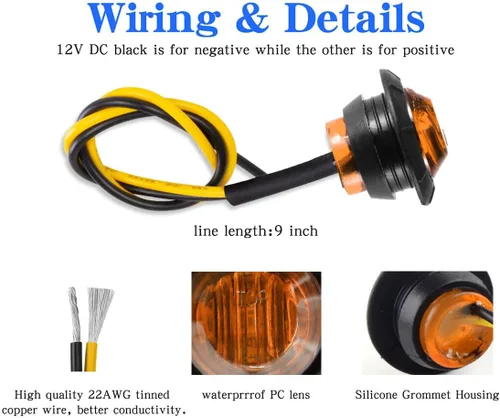 Vista 4 de juego de 10 luces LED selladas impermeables ámbar de 3/4" mini redondas, luces indicadoras delanteras, traseras y laterales, luces de gálibo