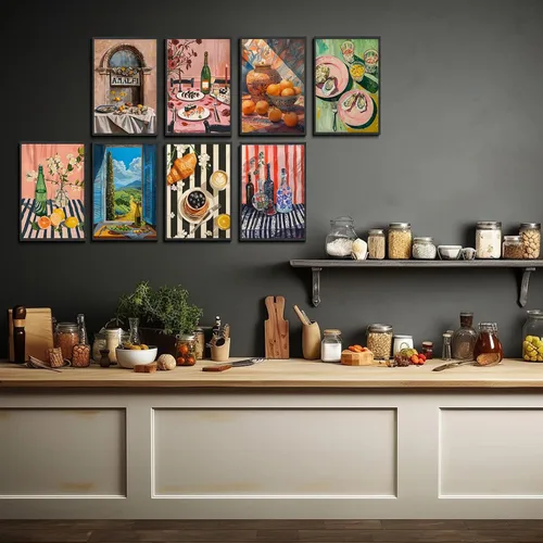 Vista 4 de 9 piezas de arte de pared de cocina coloridos alimentos para decoración de pared, fotos, bebidas, frutas, bar, carrito, lienzo, impresiones