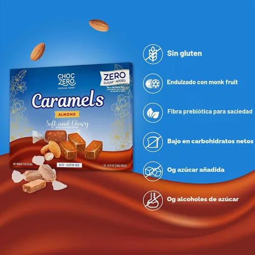 Vista 3 de ChocZero Caramelos de almendras sin azúcar, almendras tostadas, suaves y masticables, 9 onzas Caramelo cetogénico, sin alcoholes de azúcar, bajo