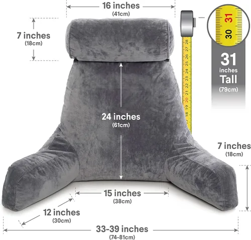 Vista 4 de Husband Pillow Backrest with Arms - Adult Reading Pillow with Shredded Memory Foam, Ultra-Comfy Removable Microplush Cover & Detachable Neck Roll
