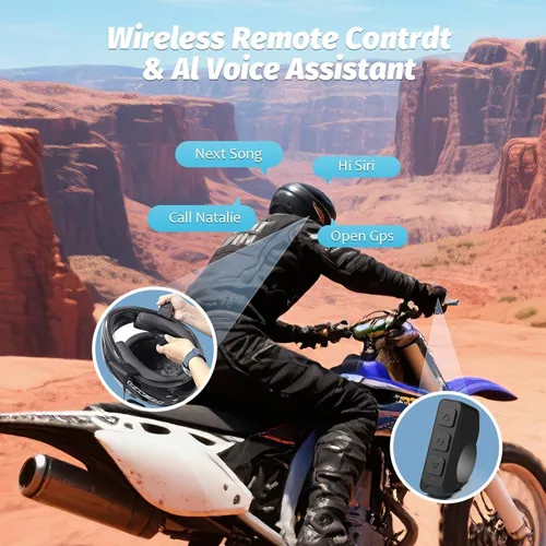 Vista 3 de Auriculares Bluetooth para motocicleta con estuche de carga, altavoz Bluetooth para casco con micrófonos y control remoto, batería de 1900 mAh, 50
