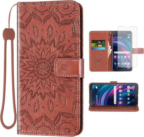 Vista 13 de Asuwish Funda para teléfono BLU View 3 B140DL con protector de pantalla de vidrio templado y piel de girasol, delgada, soporte para tarjetas Azul