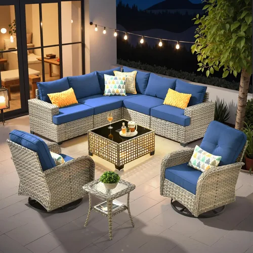 Vista 70 de HOOOWOOO Juego de muebles seccionales de patio con mesa de luz solar, 6 piezas de mimbre para exteriores, sofá en forma de L, juego de conversación