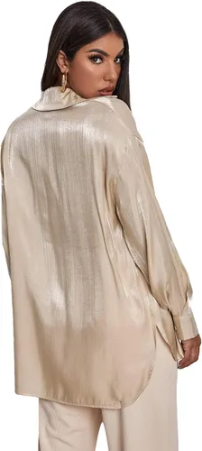 Vista 2 de MakeMeChic Blusa de manga larga con botones de seda satinada de gran tamaño para mujer