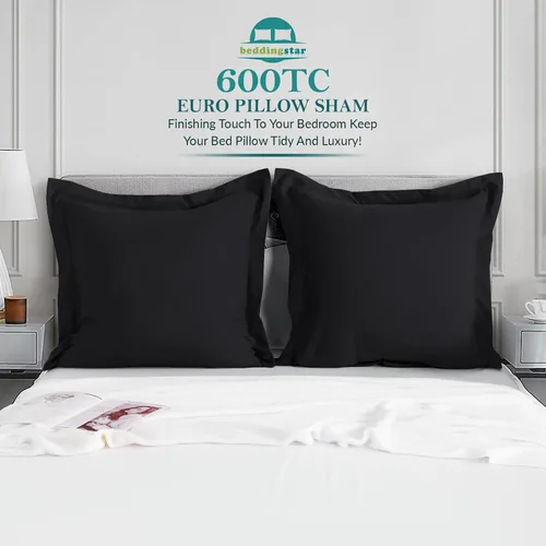Vista 2 de Euro Sham Covers - Juego de 2 fundas de almohada de 24 x 24 pulgadas, color negro, 600 hilos, 100% algodón egipcio, paquete de 2 fundas de almohada