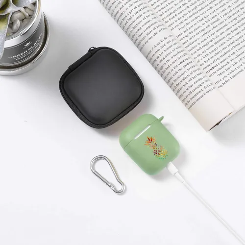 Vista 6 de Funda verde para AirPod 1 y 2 con llavero mosquetón + bolsa de almacenamiento, pintura colorida piña funda inalámbrica para auriculares inalámbricos