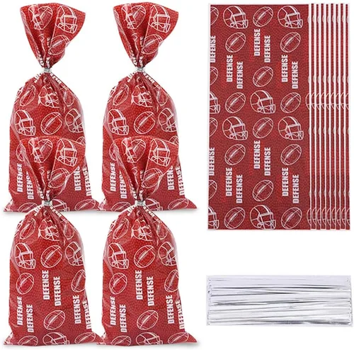 Vista 6 de Glodecart 100 bolsas de celofán de fútbol americano para decoración deportiva, fiestas, galletas, fútbol, deportes, bolsas de dulces con lazos