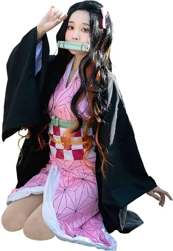 Vista 4 de Nezuko - Disfraz completo de cosplay con peluca de bambú capa de bambú para Navidad, día de Acción de Gracias, uniforme para niñas y mujeres