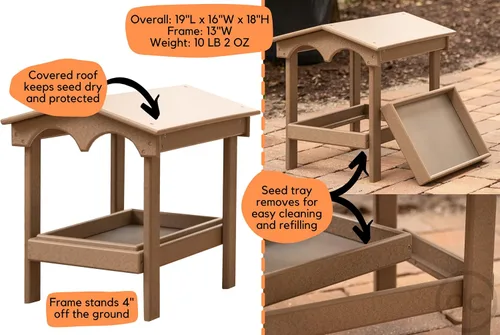 Vista 2 de DutchCrafters Comedero grande de plástico de polietileno con plataforma elevada cubierta con bandeja de semillas extraíble para pájaros silvestres