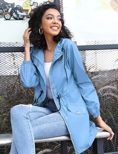 Vista 2 de Alebame Womens Long Raincoat Lightweight Rain Jackets Waterproof Windbreaker Drawstring Rain Protection