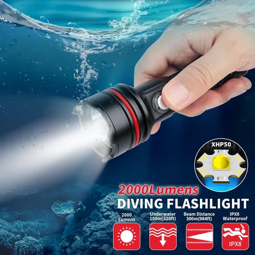 Vista 2 de Linterna submarina 14S de 2000 lúmenes con correas de gancho y bucle, 6 modos de linterna de buceo súper brillante, USB-C recargable, IP68 328 pies