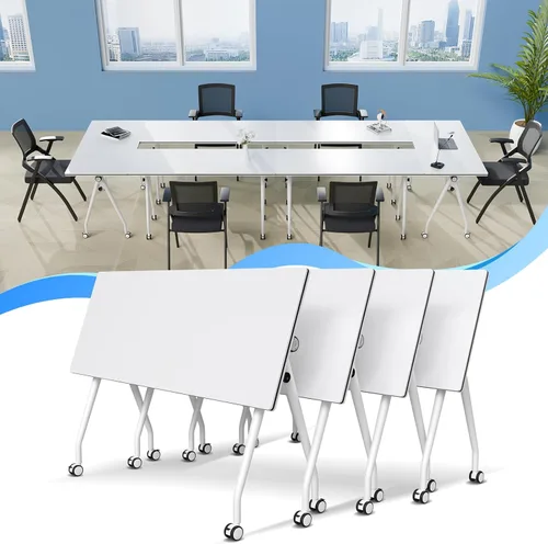 Vista 40 de Mesa de conferencias plegable con ruedas, mesa modular para sala de conferencias con 2 ojales para cables, mesas móviles de sala de reuniones