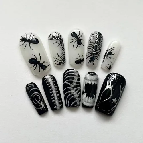 Vista 8 de IMSOHOT Uñas postizas, acrílicas de color naranja mate, puntas francesas cuadradas, 24 unidades, uñas extra largas con pegamento con bonitos diseños