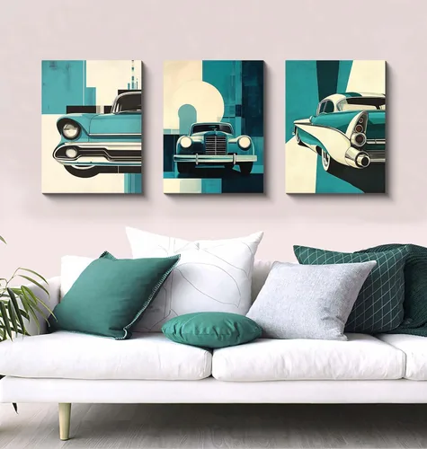 Vista 4 de NAN Wind 3 piezas de arte retro para pared de automóvil, impresión vintage clásica, verde azulado, azul, fondo geométrico abstracto de mediados