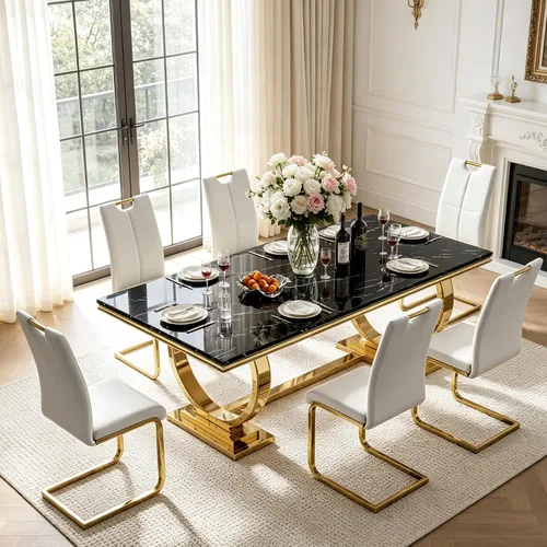 Vista 32 de Juego de mesa de comedor de mármol para 4, mesa de cocina rectangular de mármol blanco de 70 pulgadas con base en O de acero inoxidable dorado