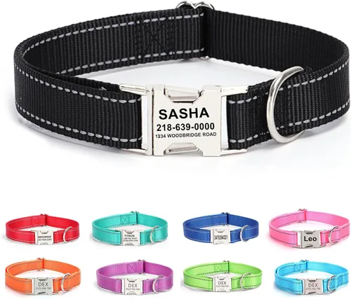 Vista 9 de Collar personalizado para perro con etiqueta de nombre, collar de nailon reflectante para mascotas, collares de perro con hebilla dorada grabada