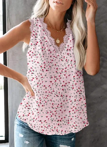 Vista 181 de VIISHOW - Camiseta sin mangas, sexy, con cuello en V y bordes de encaje para mujer, camisola de vestir, camisas de gasa, sin mangas, casuales