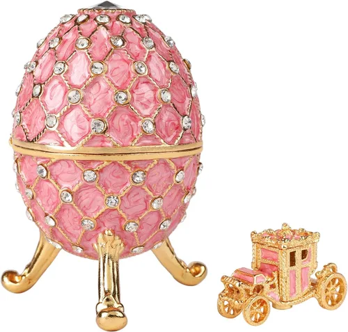 Vista 3 de QIFU Caja de baratijas esmaltada estilo huevo de Pascua rosa vintage con bisagras con mini carruaje real