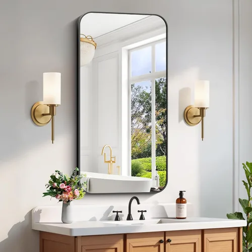 Vista 34 de FORBATH - Espejo de baño negro para sobre lavabo, espejo de pared de 16x24 pulgadas con marco de metal, esquinas redondeadas para baño, dormitorio