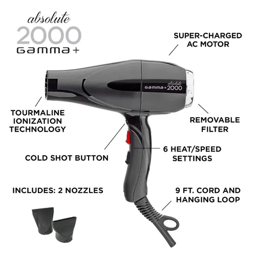 Vista 2 de Gamma+ Absolute Power and Absolute 2000 - Secador de pelo profesional de turmalina iónico unisex con 2 boquillas concentradoras
