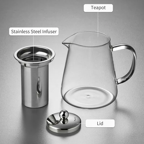 Vista 7 de Tetera de vidrio de 32.1 fl oz, hervidor de té de vidrio de borosilicato con infusor de acero inoxidable desmontable, tetera transparente para té