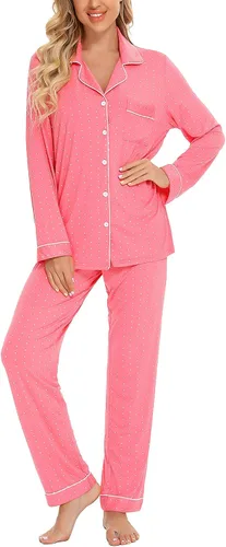 Vista 3 de Samring Pijamas de manga larga para mujer, conjunto de pijama con botones y suave, para descansar, tallas S-XXL