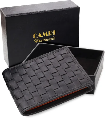 Vista 2 de CAMRI Cartera de cuero tejida a mano para hombre, tarjetero de crédito, carteras de bloqueo RFID para hombres del Reino Unido, peso ligero, delgado
