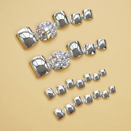 Vista 4 de MISUD Uñas a presión – Uñas adhesivas para los dedos con cromo plateado, uñas acrílicas con diseño de diamantes de imitación, 24 piezas