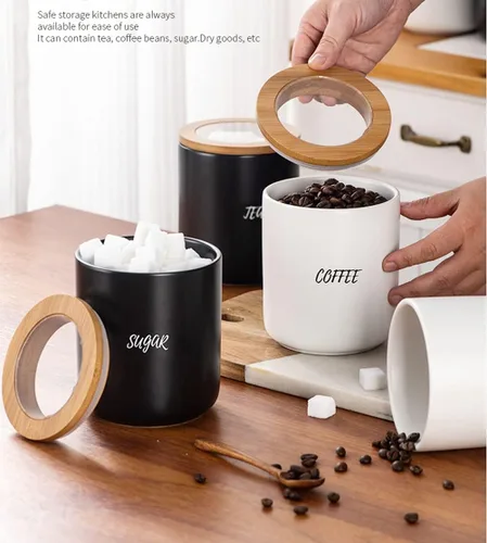 Vista 4 de Sello de almacenamiento de alimentos de cerámica de color puro Pot Spice Jar Sugar Bowl con tapa de bambú-café-negro