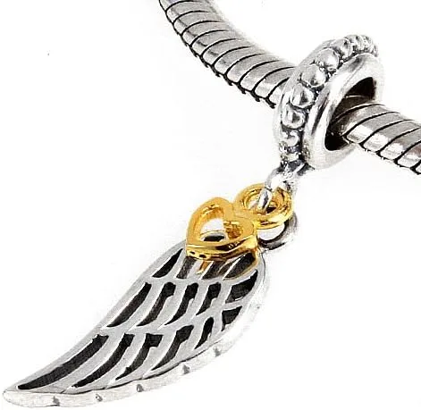 Vista 3 de Abalorio de ala de ángel de plata de ley 925 con diseño de plumas de amor para pulsera Pandora (B)
