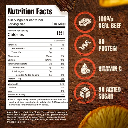 Vista 2 de Tender Beef Jerky Snacks Pack con fruta real, teriyaki y piña, 4 onzas