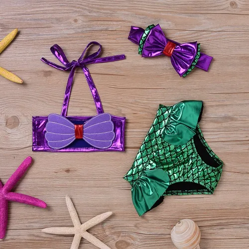 Vista 4 de Traje de baño de sirena para niños pequeños, conjunto de bikini con diadema, conjunto de 3 piezas
