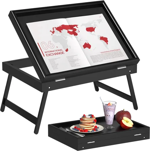 Vista 8 de Bandeja de cama para desayuno, bandeja de comida con patas plegables, bandeja de cocina para escritorios de regazo, portátil, computadora, sofá