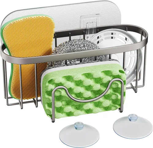 Vista 20 de HapiRm Organizador de esponja multifuncional con forma única en M, 2 métodos de instalación, organizador de fregadero de cocina, organizador