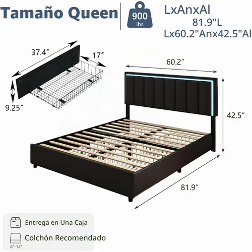 Vista 2 de IMMERSTABLE Base de cama tamaño Queen con cabecero y 4 cajones de almacenamiento, plataforma tapizada de piel sintética con luces LED, listones