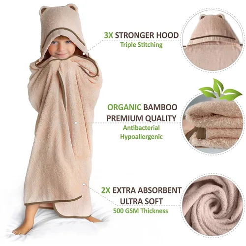Vista 2 de Toallas prémium con capucha para niños pequeños, toalla de baño de rayón extra suave de bambú (beige)
