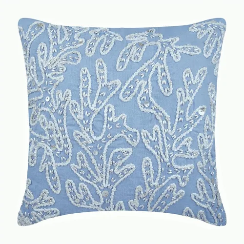 Vista 16 de The HomeCentric Funda de cojín para sofá, 12 x 12 pulgadas, funda de almohada decorativa cuadrada de lino azul claro con zardozi y cuentas bordadas