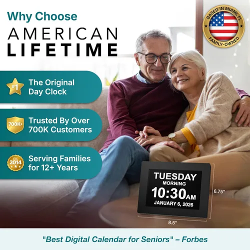 Vista 2 de American Lifetime Reloj digital grande para personas mayores, negro, 8 pulgadas, con día y fecha, alarmas personalizables, atenuación automática