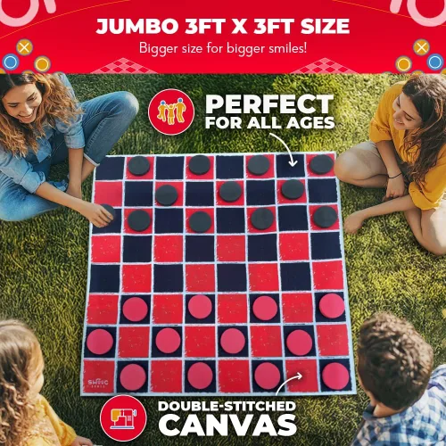 Vista 4 de Swooc Games® - Juego Vintage Gigante de Damas y Tres en Raya 2 en 1 con Tapete (3 pies x 3 pies) - Lona 100% Lavable a Máquina - Juegos Gigantes al
