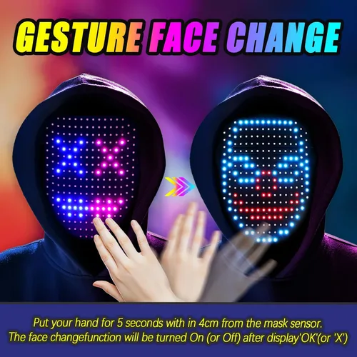 Vista 9 de Ompusos LED Mask with Gesture Sensing, Light-Up Transforming Face Cover for Halloween, Christmas, Cosplay & Birthday Parties