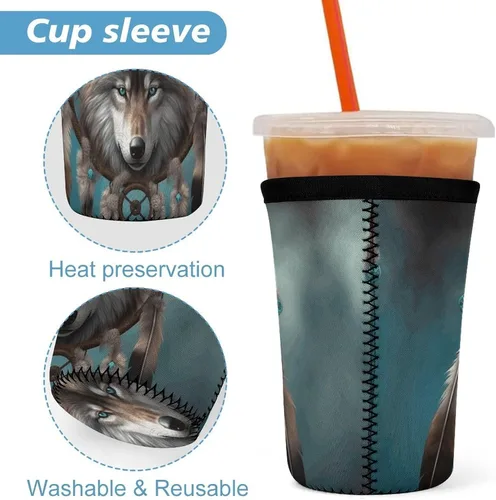 Vista 3 de 3D Wolf Dream Catcher Reusable Insulated Neoprene Iced Coffee Cup Sleeves 3 Sizes Diving Material Cup Durable Beverage Covers for Cold Coffee Tea