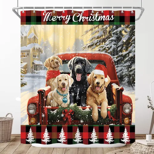 Vista 3 de Cortina de ducha de perros de Navidad, animales de granja, camión rojo, transportando lindos cachorros, familia, invierno, paisaje, nieve, Navidad