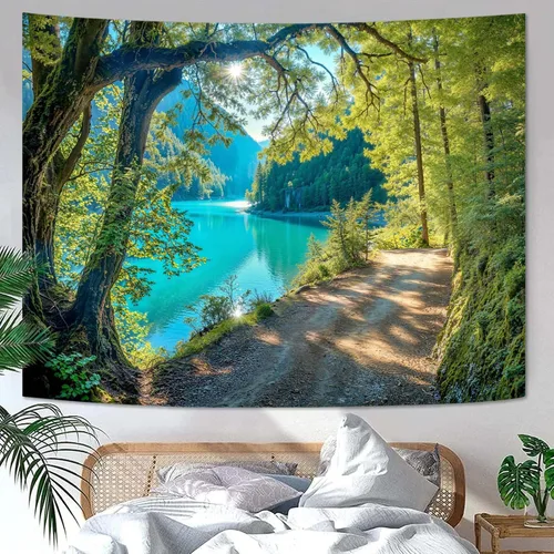 Vista 21 de Zussun Tapiz de Bosque Natural de Montaña Tapiz Verde de Pino Luz Solar Selva para Dormitorio Estético Planta Paisaje de Montaña Tapices Pequeños