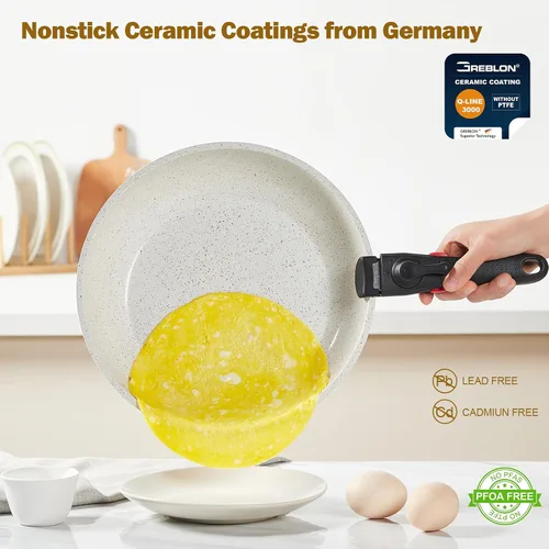 Vista 4 de ROSSETTO Juego de 17 ollas y sartenes antiadherentes de Francia, juego de utensilios de cocina de cerámica con mango extraíble, juego de utensilios