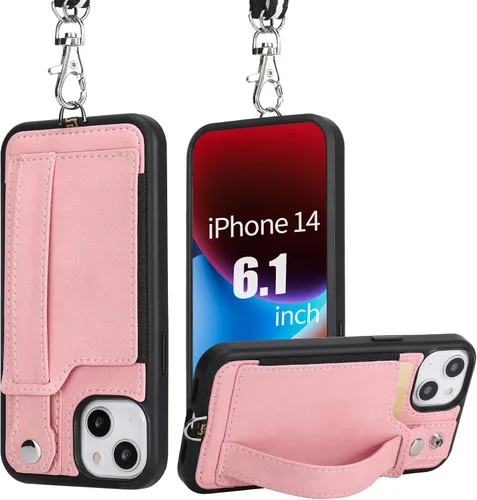 Vista 18 de TOOVREN Funda para teléfono compatible con iPhone 14 Plus, compatible con iPhone 14 Plus, funda con correa para tarjetero, cordón de cuero para Negro