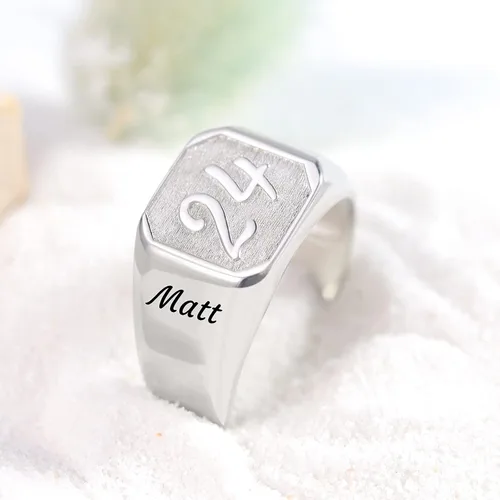 Vista 2 de PETEANEY Anillos de sello personalizados para hombres, plata de ley grabados personalizados, número año, letra cuadrada, anillo de pulgar meñique
