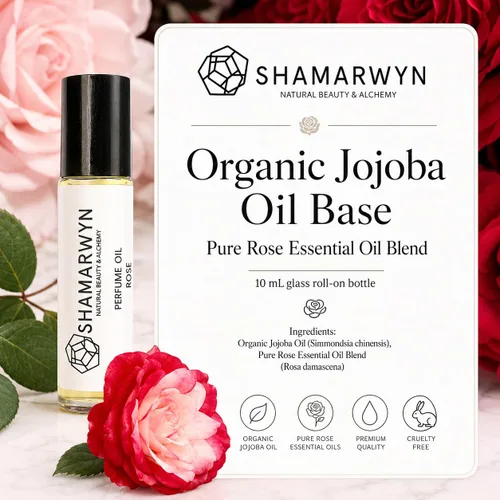 Vista 8 de Aceite de perfume de rosa, aceite de jojoba orgánico y mezcla de aceites Una rica fragancia floral de rosas, romántica y atemporal. Rollo
