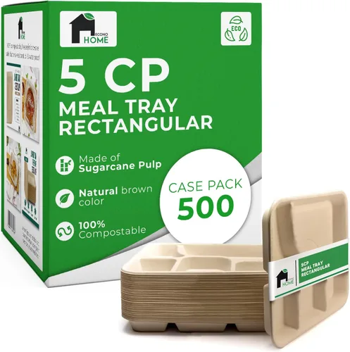 Vista 9 de EconoHome Paquete de 50 platos desechables con 5 compartimentos, bandeja compostable de caña de azúcar y bagazo ecológica, apta para microondas