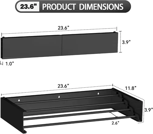 Vista 5 de FOCHIER F Tendedero de Ropa de Pared Tendedero de Secado Plegable con 5 Varillas de Aluminio y Plantilla de Perforación Broca de Destornillador Negro